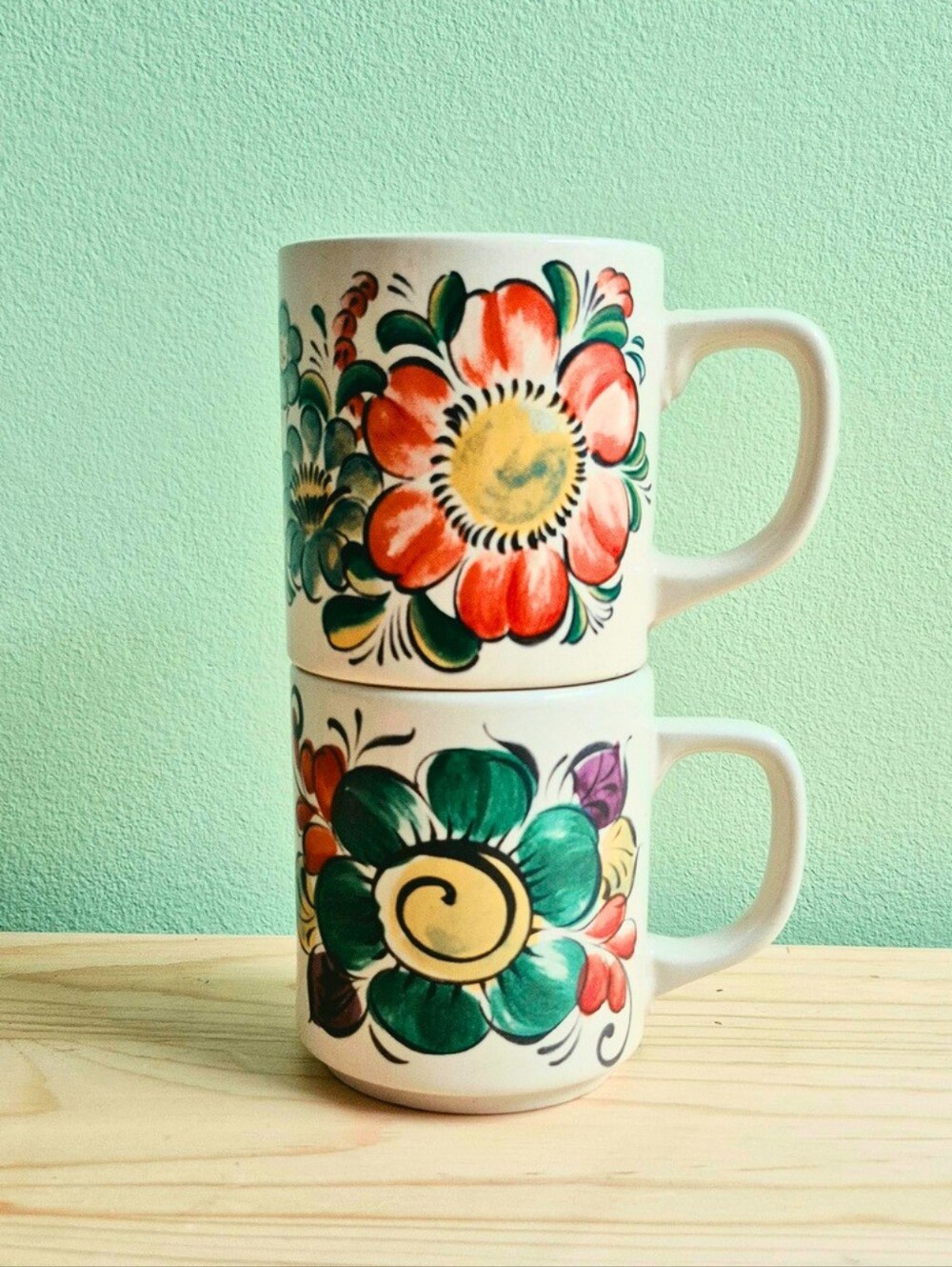Vintage Hand-Painted Ceramic Floral Mugs - Set of 2 - MCM Boho Style